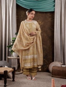 Yufta - Mustard Cotton Schiffli Kurta and Pants with Dupatta (Set of 3)