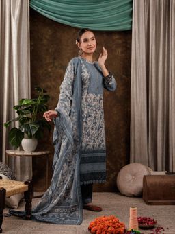 Yufta - Grey Cotton Schiffli Kurta and Pants with Dupatta (Set of 3)