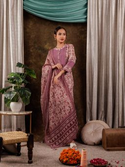 Yufta - Purple Cotton Schiffli Kurta and Pants with Dupatta (Set of 3)
