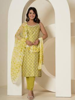 Yufta - Green Silk Kurta and Pants with Dupatta (Set of 3)