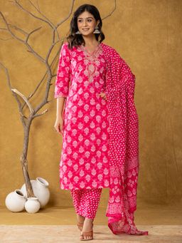 Yufta - Pink Cotton Straight Kurta and Pants with Dupatta (Set of 3)