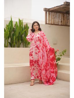 PEHNO'SA - Red Silk Shibori Straight Kurta and Pants with Dupatta (Set of 3)