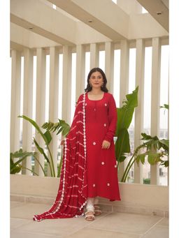 PEHNO'SA - Red Silk Embroidered Leheriya Kurta and Churidar with Dupatta (Set of 3)