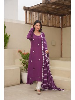 PEHNO'SA - Purple Silk Embroidered Leheriya Kurta and Churidar with Dupatta (Set of 3)