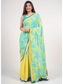 The Indian Ethnic Co. - Women Mrinal Blue Printed Saree with Unstitched
