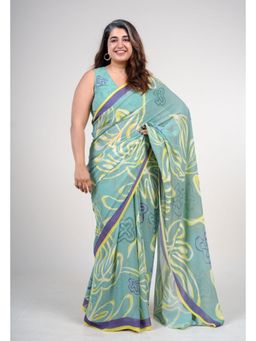 The Indian Ethnic Co. - Women Fiyana Mint Green Printed Saree with Unstitched