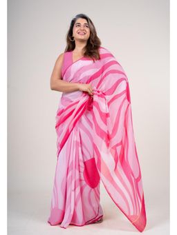 The Indian Ethnic Co. - Women Vinisha Flamingo Pink Printed Saree with Unstitched
