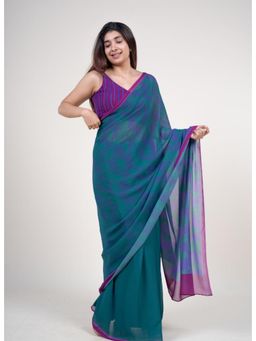 The Indian Ethnic Co. - Women Ushika Teal Printed Saree with Unstitched