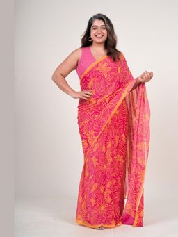The Indian Ethnic Co. - Women Pihu Hot Pink Printed Saree with Unstitched