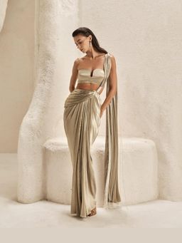 Nirmooha - Women Beige Saree with Stitched Blouse with Stitched