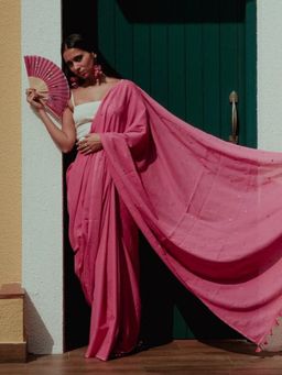 Okhai - Pink Blush Hand Embroidered Mirror Saree with Unstitched