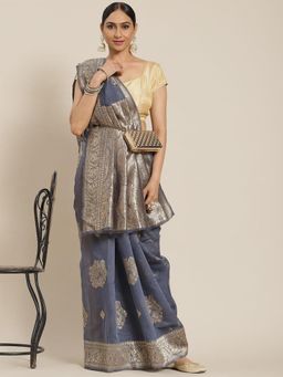 Odette - Navy Blue Elegant Cotton Woven Saree With Unstitched Blouse