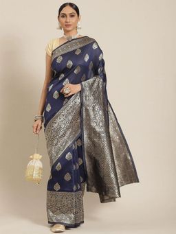 Odette - Navy Blue Elegant Silk Blend Woven Saree With Unstitched Blouse