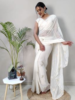 Odette - Designer White Sequins Saree With Unstitched Blouse