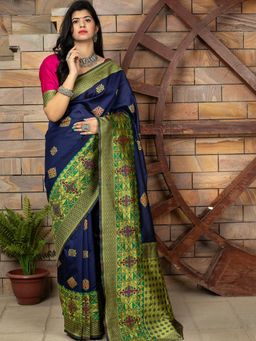 Odette - Gorgeous Printed Navy Blue Banarasi Silk Saree With Unstitched Blouse