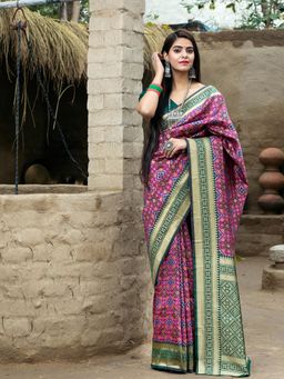 Odette - Gorgeous Printed Pink Banarasi Silk Saree With Unstitched Blouse