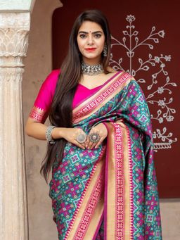 Odette - Gorgeous Printed Turquoise Banarasi Silk Saree With Unstitched Blouse