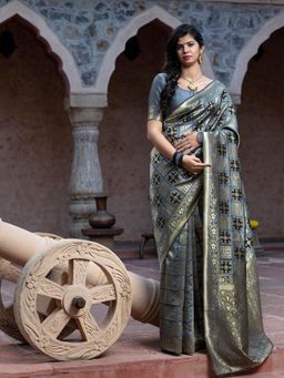 Odette - Gorgeous Woven Grey Banarasi Silk Saree With Unstitched Blouse