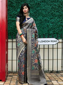 Odette - Stunning Floral Navy Blue Banarasi Silk Saree With Unstitched Blouse