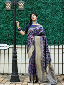 Odette - Stunning Floral Navy Blue Banarasi Silk Saree With Unstitched Blouse