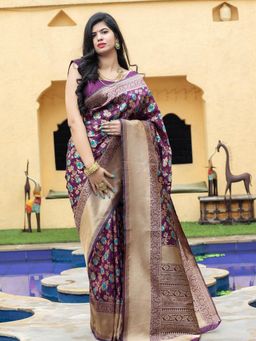 Odette - Stunning Floral Purple Banarasi Silk Saree With Unstitched Blouse