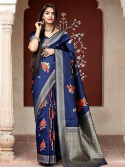 Odette - Stunning Floral Navy Blue Banarasi Silk Saree With Unstitched Blouse