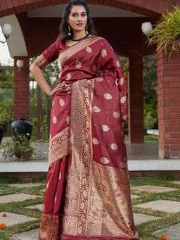 Odette - Stunning Woven Maroon Banarasi Silk Saree With Unstitched Blouse