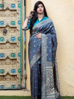 Odette - Gorgeous Woven Navy Blue Banarasi Silk Saree With Unstitched Blouse