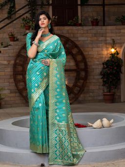 Odette - Gorgeous Printed Turquoise Banarasi Silk Saree With Unstitched Blouse