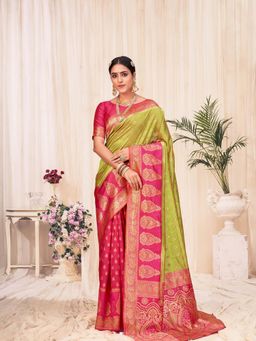 Odette - Woven Lime Green Banarasi Silk Saree With Unstitched Blouse