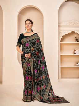 Odette - Gorgeous Printed Black Banarasi Silk Saree With Unstitched Blouse