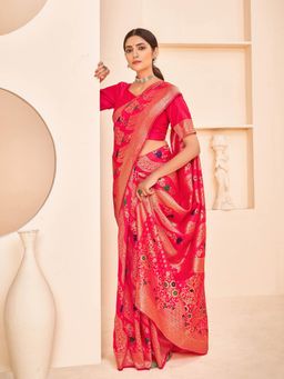 Odette - Gorgeous Printed Deep Pink Banarasi Silk Saree With Unstitched Blouse