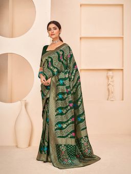 Odette - Gorgeous Printed Dark Green Banarasi Silk Saree With Unstitched Blouse