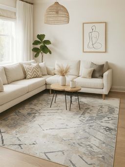 OBSESSIONS - Cream Abstract Polyester Carpet ideal for Living room and Bedroom