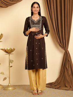 Zelena - Three Fourth Sleeves Brown Embroidered Maternity Kurta