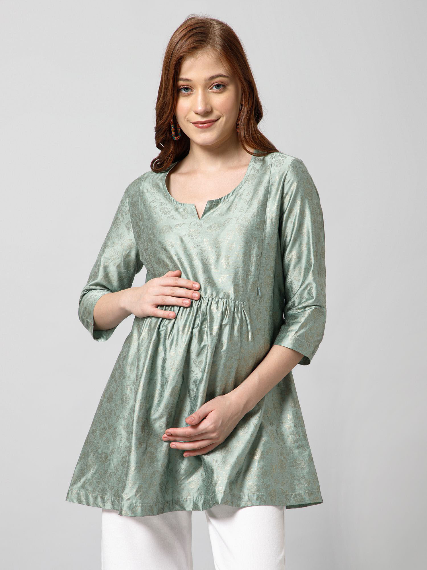 zelena Three Fourth Sleeves Grey Maternity Short Top with Pocket-picture-22