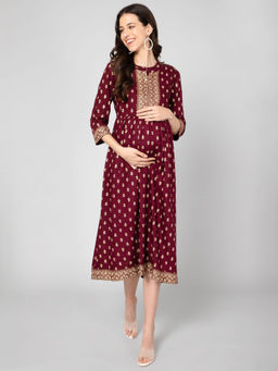 Zelena - Three Fourth Sleeves Maroon Maternity Dress
