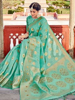 EXCLUSIVA - Sea Green Linen Saree with Unstitched Blouse