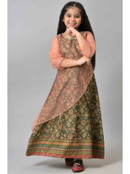 Aurelia - Girls Dark Green Floral Printed Layered Dress