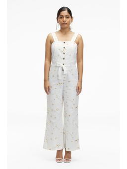 TERRA LUNA - Women's White Elara 100% Linen Jumpsuit with Belt (Set of 2)