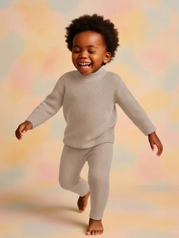 Mi Arcus - Solid Beige Hi-Neck Fullsleeves Thermal Top & Bottom For Kids