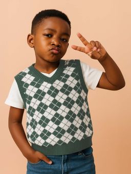 Mi Arcus - Check Sleeveless Green Sweater For Boys
