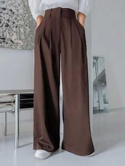 KOTTY - Womens Cotton Blend Flared Fit Solid Brown Trouser