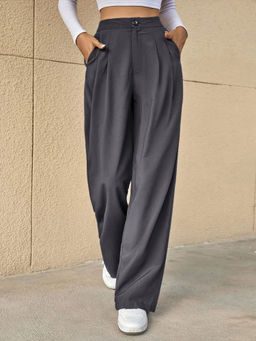 KOTTY - Womens Cotton Blend Straight Fit Cross Pocket Solid Grey Trouser