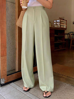 KOTTY - Womens Cotton Blend Regular Length High Rise Solid Green Trouser