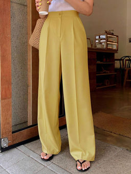 KOTTY - Womens Cotton Blend Regular Length High Rise Solid Yellow Trouser