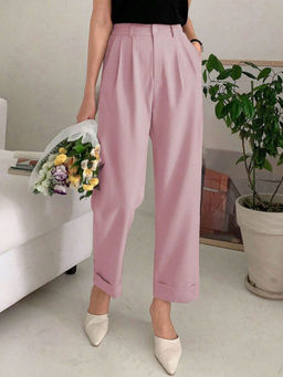 KOTTY - Womens Cotton Blend Cross Pocket Solid Pink Trouser