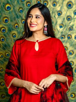 HOUSE OF JAMOTI - Red Cotton Kurta Pant With Dupatta (Set of 3)