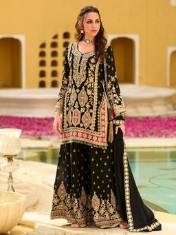 Vaamsi - Black Embroidered Straight Kurta with Palazzo and Dupatta