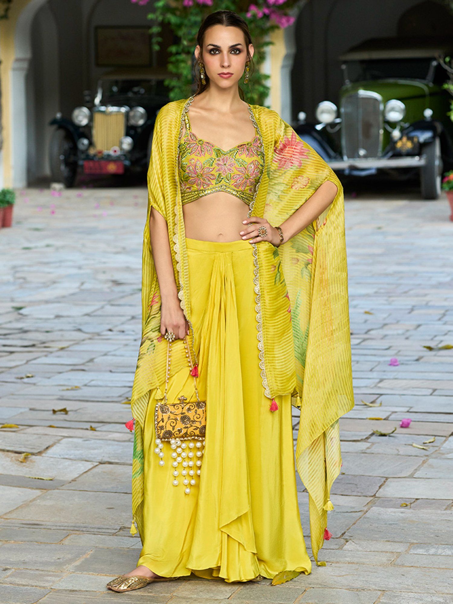 vaamsi Green Embroidered Top with Skirt and Cape-picture-41